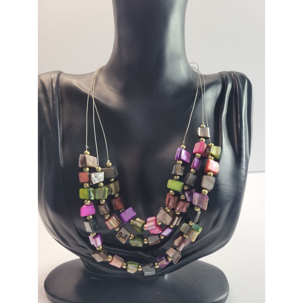 Multicolor Beaded 3 Strand Necklace Gold Tone Boho Statement